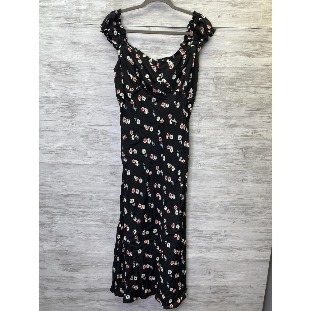 GAP Dress Womens M Black Floral Maxi Sweetheart Strappy‎ Ruffle Button Rayon
